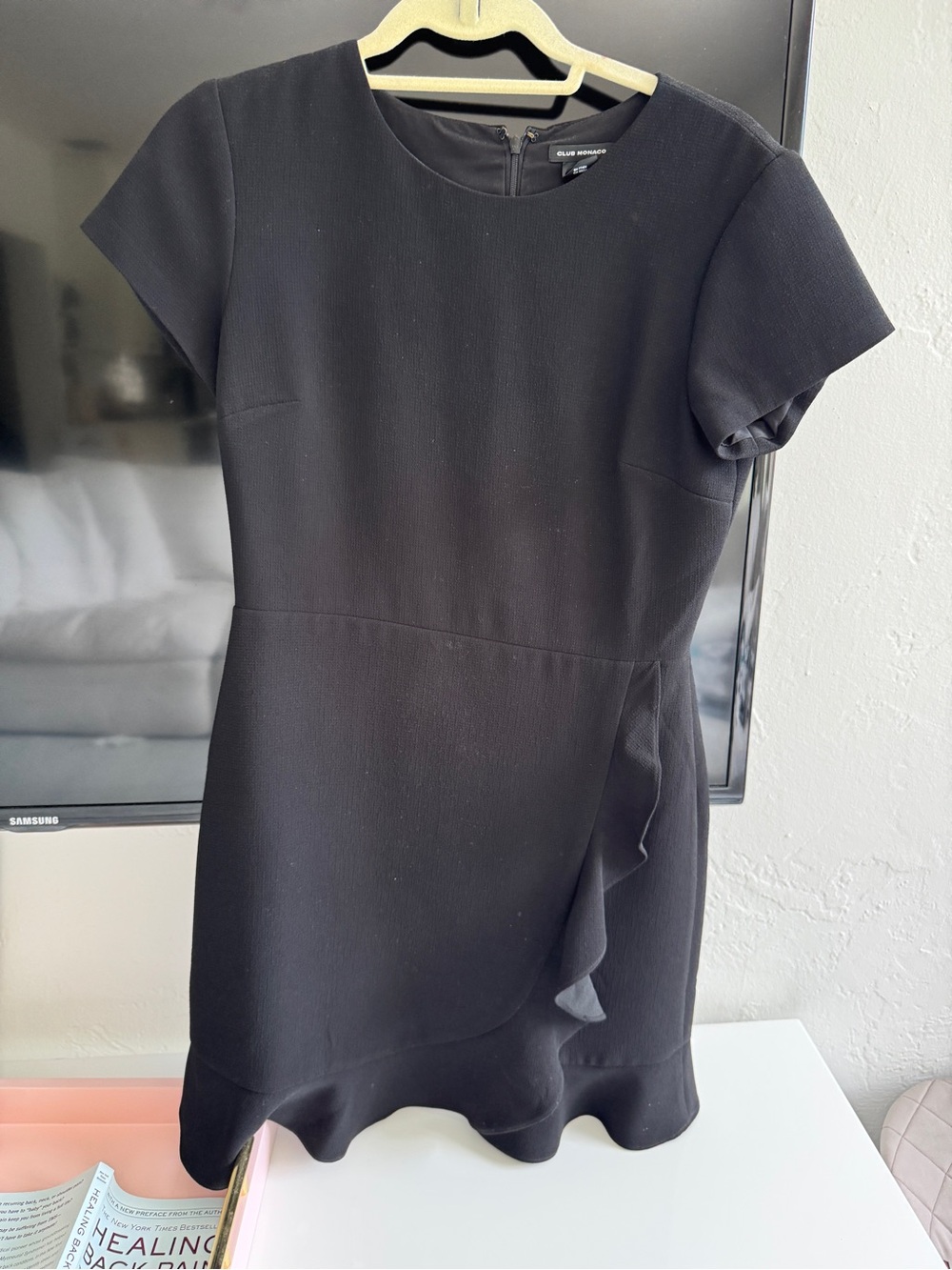 Club Monaco Black Short-Sleeve Ruffle Sheath Dress